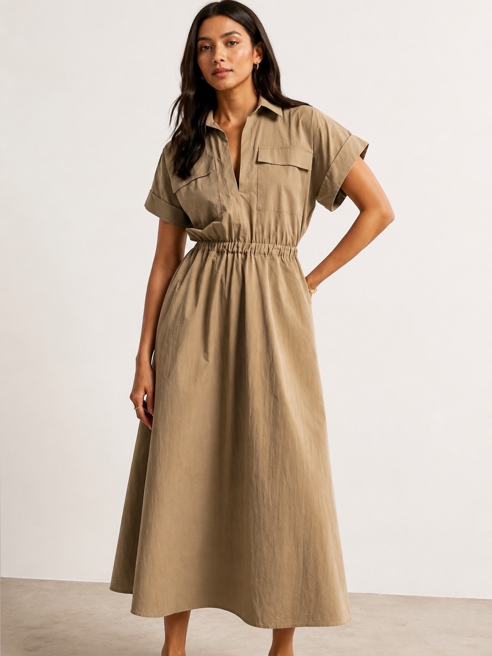 Abercrombie Utility Short-Sleeve Collared Midi Dress in Khaki